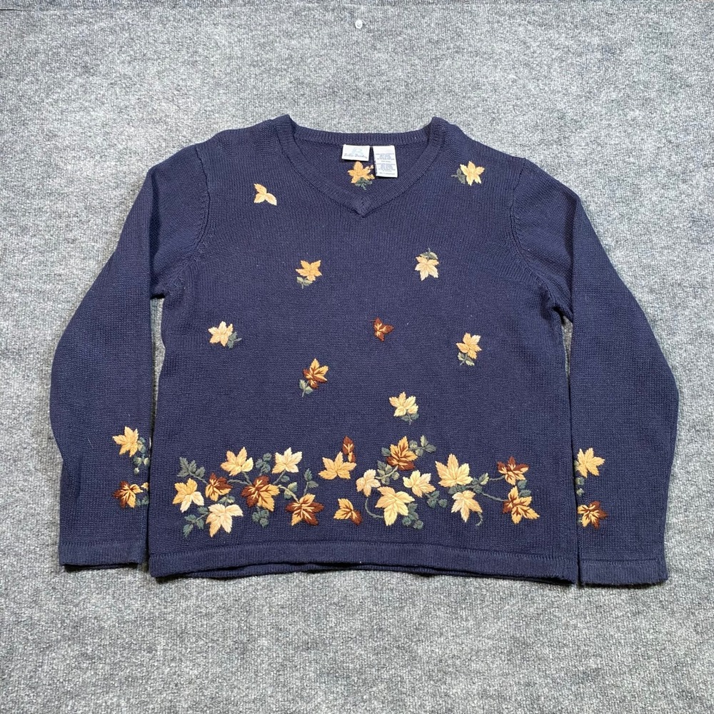 Bobbie Brooks Womens XL Navy Blue V-Neck Embroidered Fall Maple Leaf Sweater